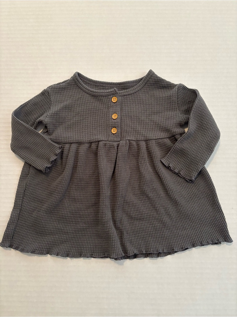 Girls’ Long Sleeve Waffle Knit Tunic Dress with Button Detail - Charcoal